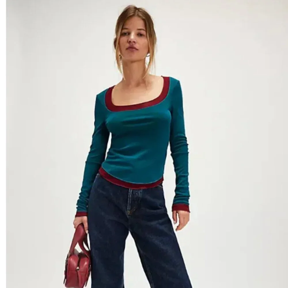 NWOT Intimately Free People Double Take Long Sleeve Top Rose Garnet Combo